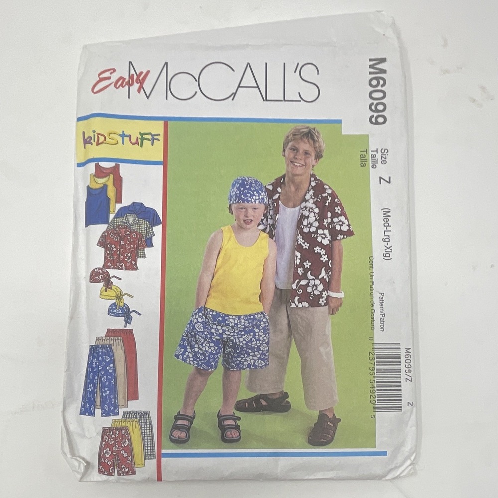 McCall's Easy M6099 Boys Shirt Tank Pants Shorts Headwrap Sz M-XL CUT